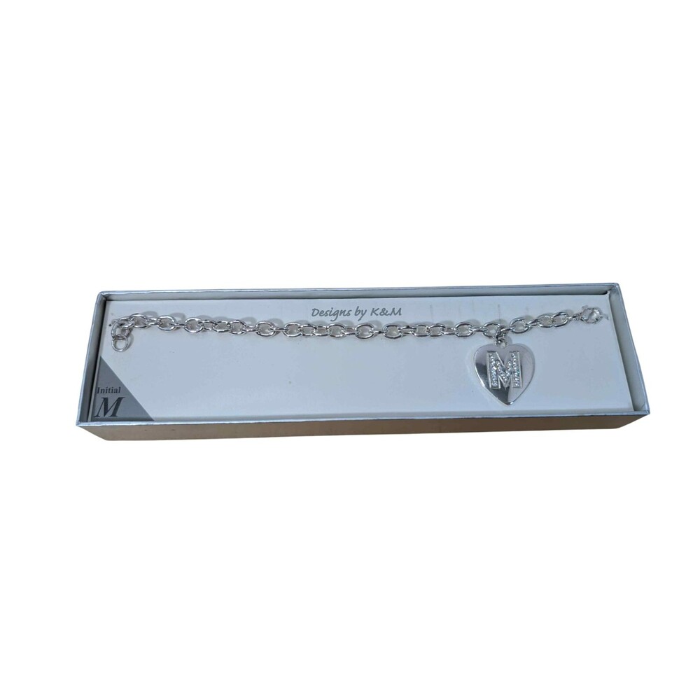 K&M Silver M Heart Charm Bracelet 8 in Original Box
